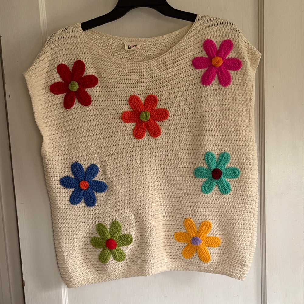 BiBi Cream Crochet Sweater with Multicolored Flower Appliqués